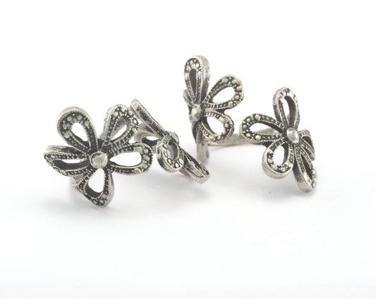 Flower Ring Adjustable Antique Silver Plated Brass (19mm 9US inner size) OZ962