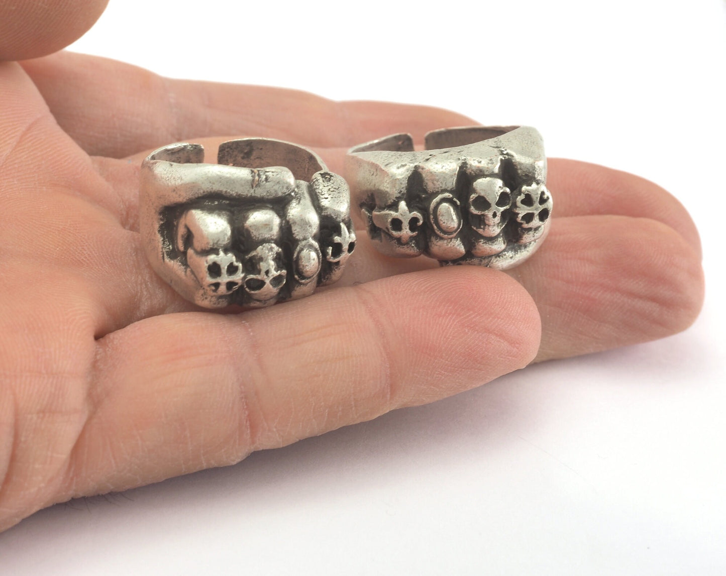Punch Skull Ring Adjustable Antique Silver Plated Brass (19mm 9US inner size) OZ964