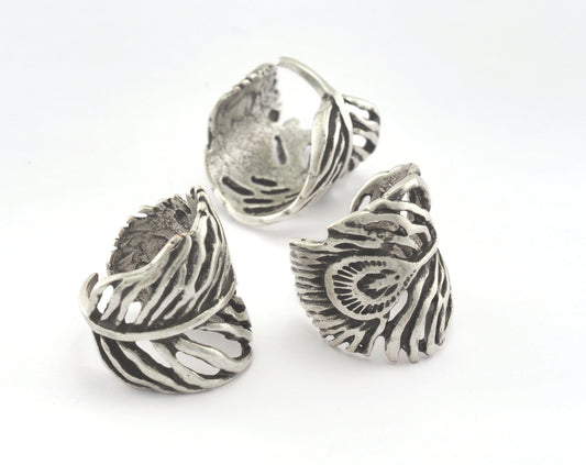 Peacock Feather Adjustable Ring Antique Silver Plated Brass (16.5mm 6US inner size) OZ793