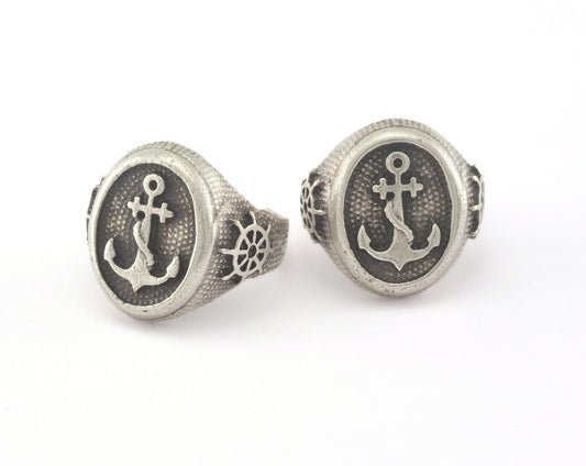 Signet Ring Ship Wheel Anchor Adjustable Ring Raw brass (18mm 8US inner size) 4579