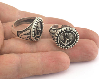 Signet Ring Anchor Adjustable Ring Antique Silver Plated Brass (17mm 7US inner size) OZ4412