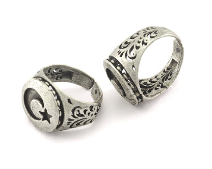 Crescent Star Ring Adjustable Antique Silver Plated brass (20mm 10US inner size) OZ2591