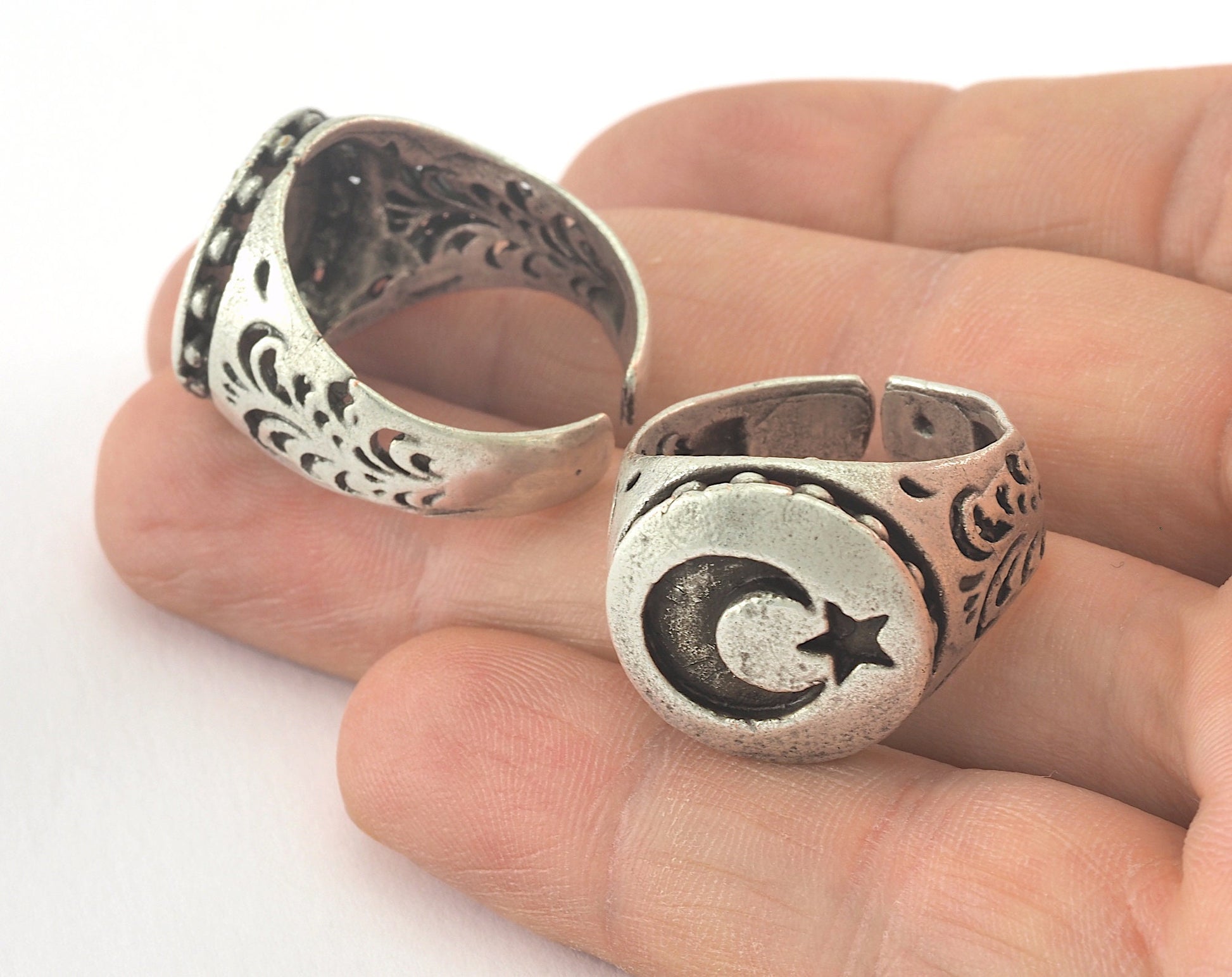 Crescent Star Ring Adjustable Antique Silver Plated brass (20mm 10US inner size) OZ2591