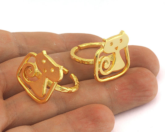 Shiny Gold Plated Cat Adjustable Ring Brass (18mm 8US inner size) OZ3023