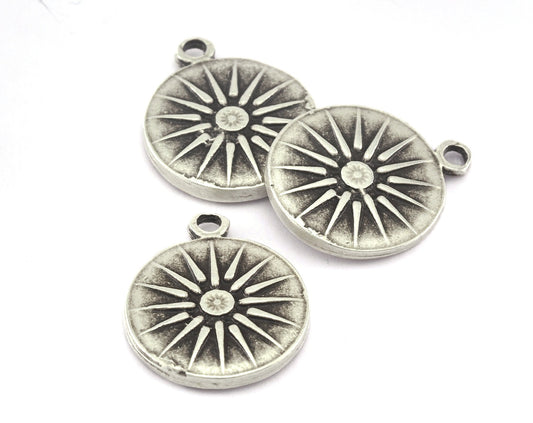 Sun Circle Textured 25mm antique silver plated alloy pendant charms 2673