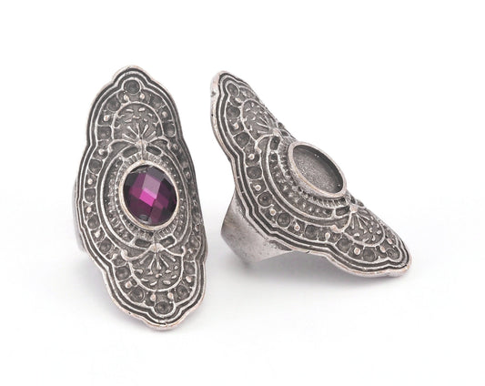 Ring Adjustable Ring Bezel - Antique Silver Plated brass (17.5mm 7US inner size - Adjustable ) 8x10mm OZ3639