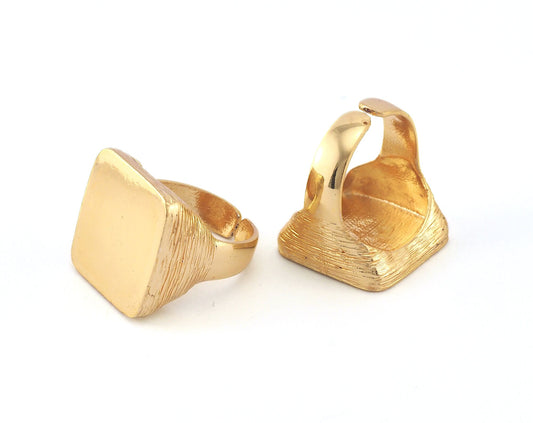 Signet Ring Rectangle Shiny Gold Plated Brass Square Blank (19mm 9US inner size - Adjustable ) OZ3645
