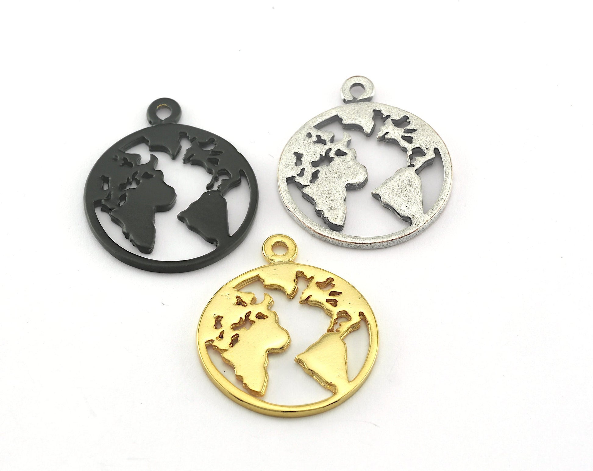 World pendant 29mm (Antique Silver, Black Painted, Shiny Gold Plated) Globe Pendant, Earth Pendant, small continents, map charms oz3594