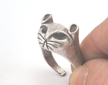 Cat Ring Adjustable Ring Antique Silver Plated brass (18mm 8US inner size) Oz3685