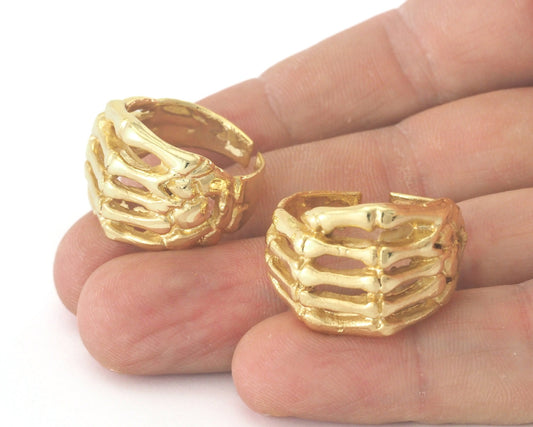 Skeleton Hand Adjustable Ring shiny gold plated brass (18mm 8US inner size) OZ2690