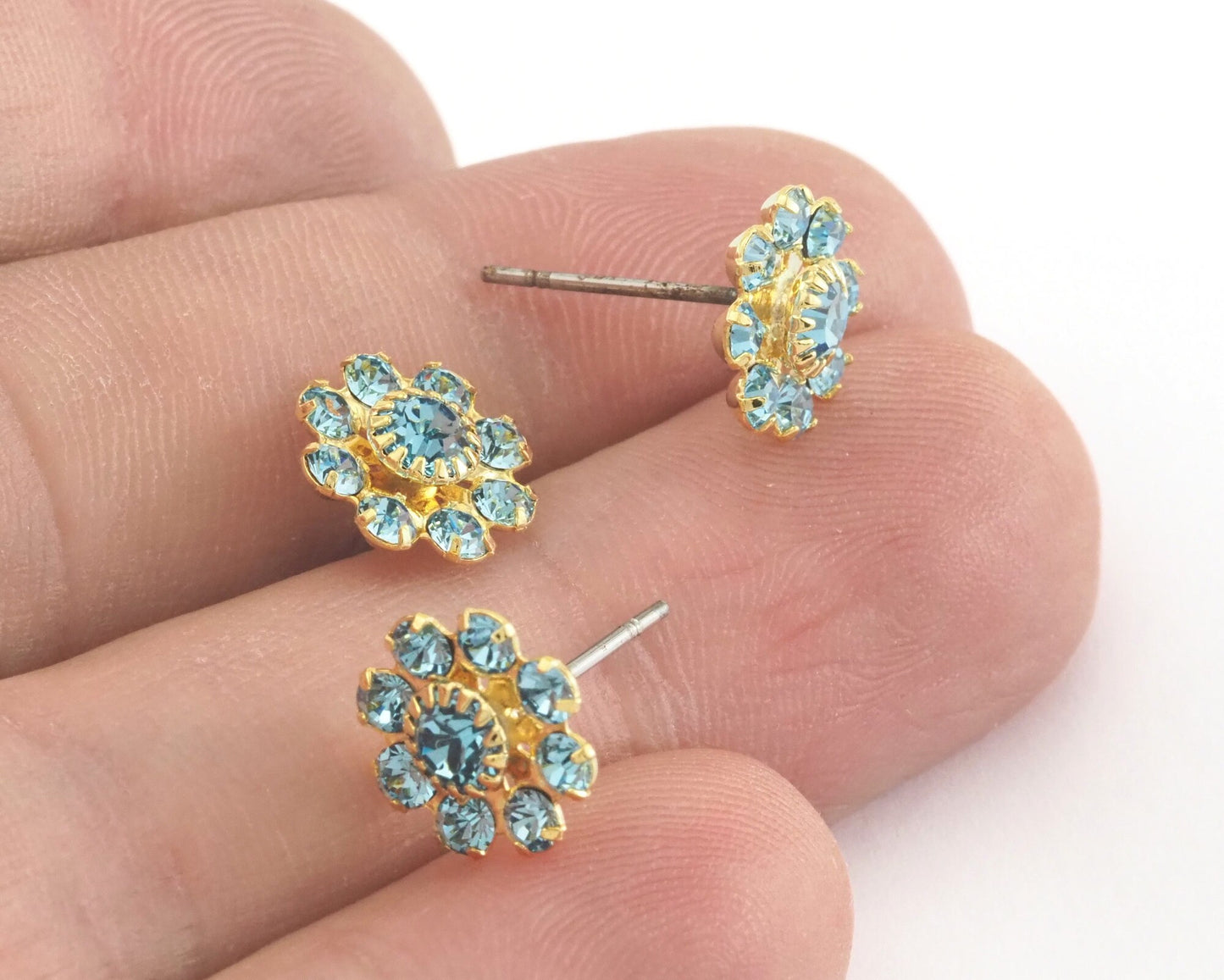 Earring post Vintage Swarovski Flower 1012 Aquamarine Crystals Base Gold Plated (20+ Years) with 10mm OZ3836