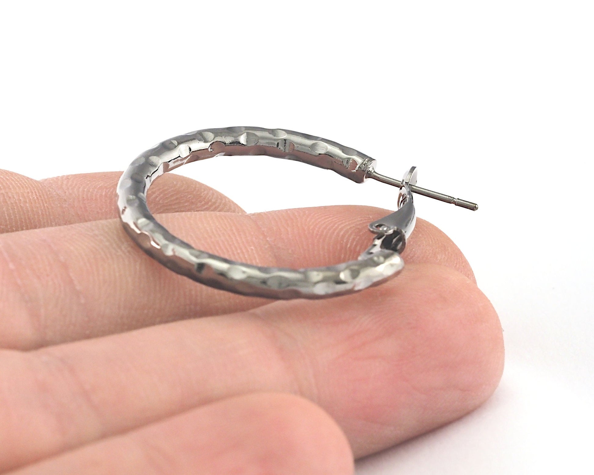 Hoop Earrings textured (Silver, Gold, Gun Metal) plated brass round earring Posts, 32mm R152