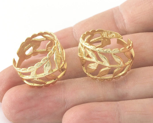 Leaf Ring Adjustable Shiny Gold Plated brass (18mm 8US inner size) Oz3349