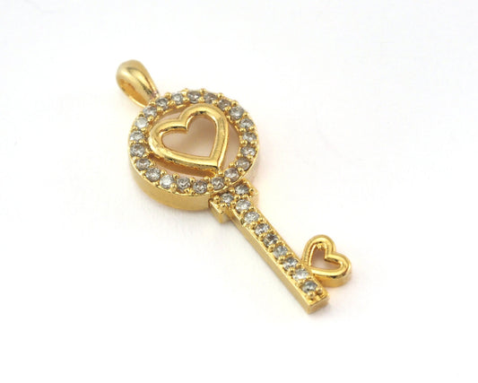 Micro Pave Heart Key pendant one loop 26mm Gold plated Brass OZ3883