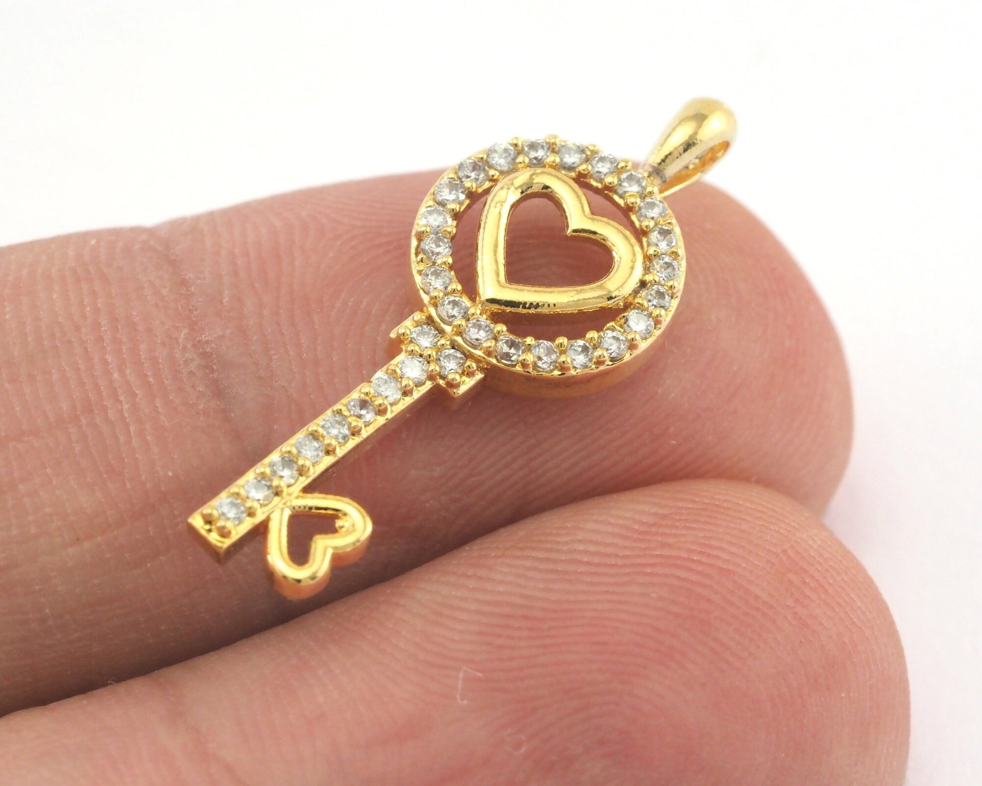 Micro Pave Heart Key pendant one loop 26mm Gold plated Brass OZ3883