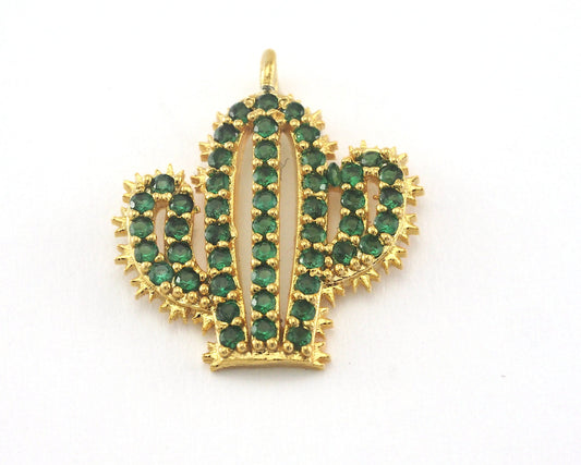 Micro Pave Cactus pendant one loop 17mm Gold plated Brass OZ3883