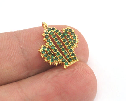 Micro Pave Cactus pendant one loop 17mm Gold plated Brass OZ3883