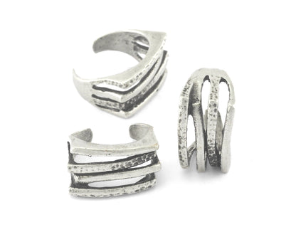 Stripes Ring Adjustable 22mm Antique Silver Plated Brass (17mm 7US inner size) OZ3840