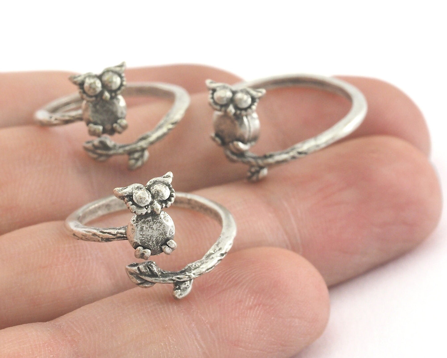 Minimalist Owl Ring Adjustable Brass Antique Silver Plated Brass (16.5mm 6US inner size) OZ3496