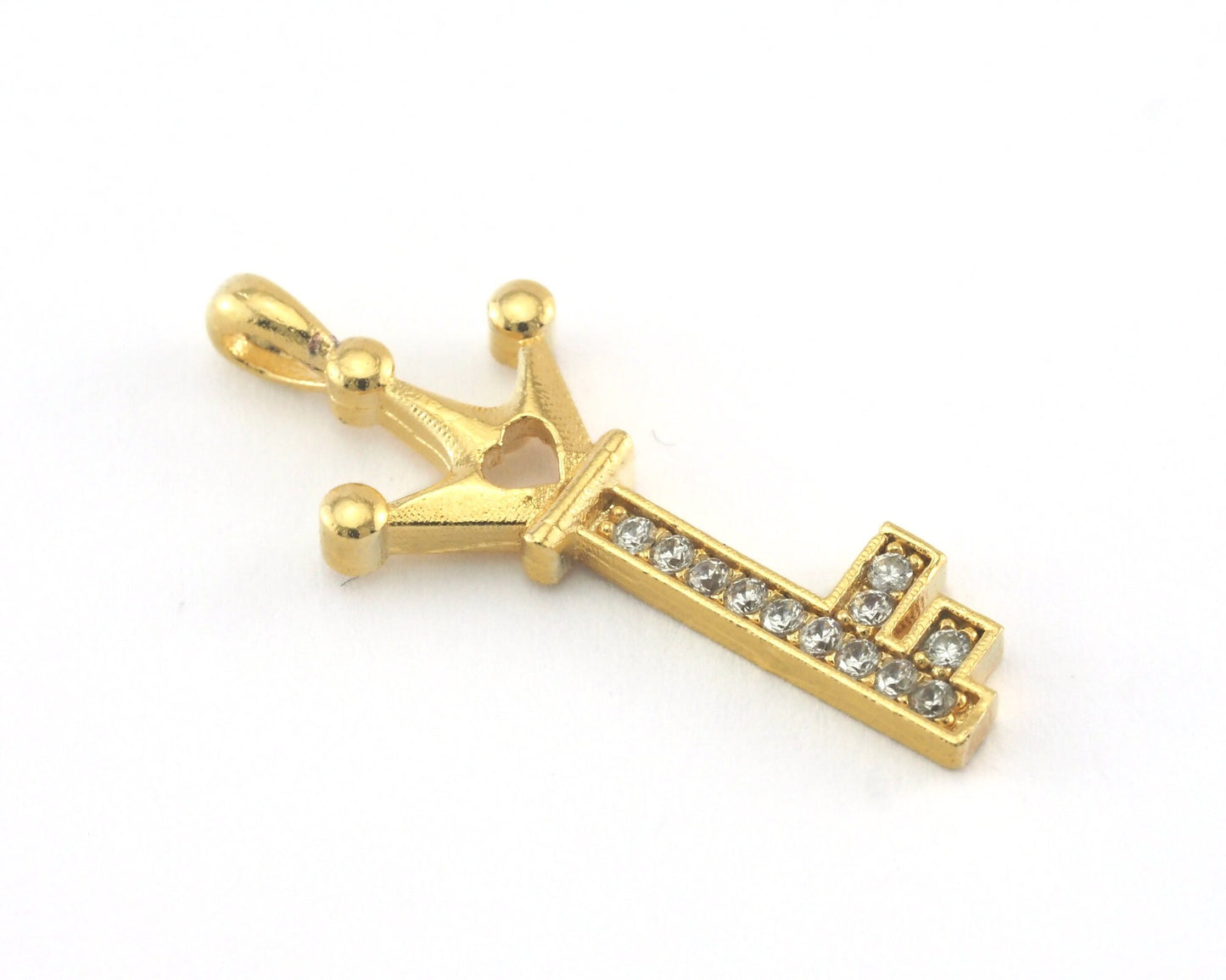 Micro Pave Crown Heart Key pendant one loop 26mm Gold plated Brass OZ3883