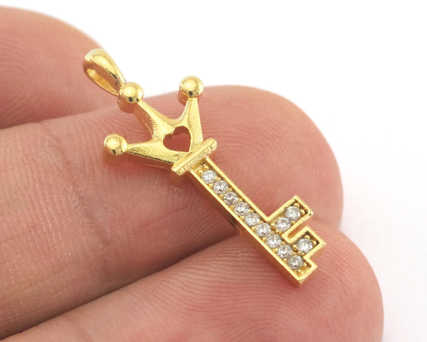 Micro Pave Crown Heart Key pendant one loop 26mm Gold plated Brass OZ3883