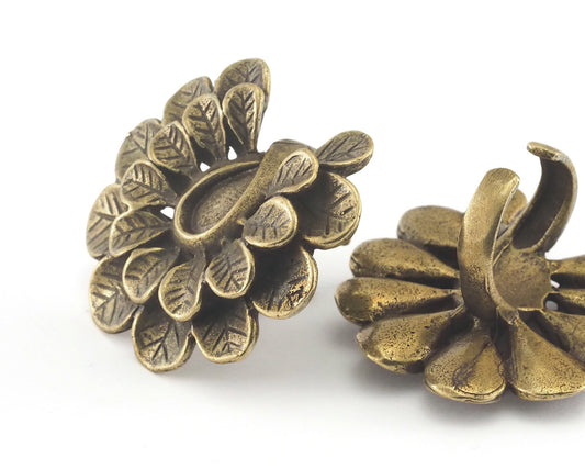 Leaves Flower Ring Adjustable Bezel - Antique Bronze Plated brass (17mm 7US inner size - Adjustable ) OZ2824
