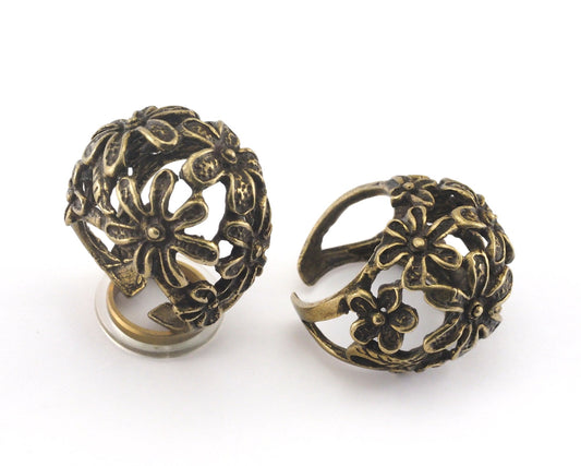Flowers Adjustable Ring Antique Bronze Plated brass (18mm 7.5US inner size) OZ2732