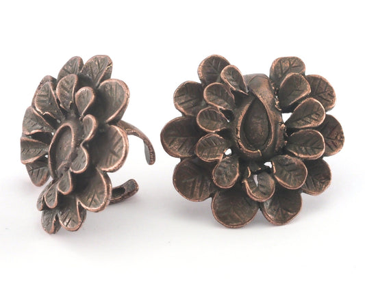 Leaves Flower Ring Adjustable Bezel - Antique Copper Plated brass (17mm 7US inner size - Adjustable ) OZ2824