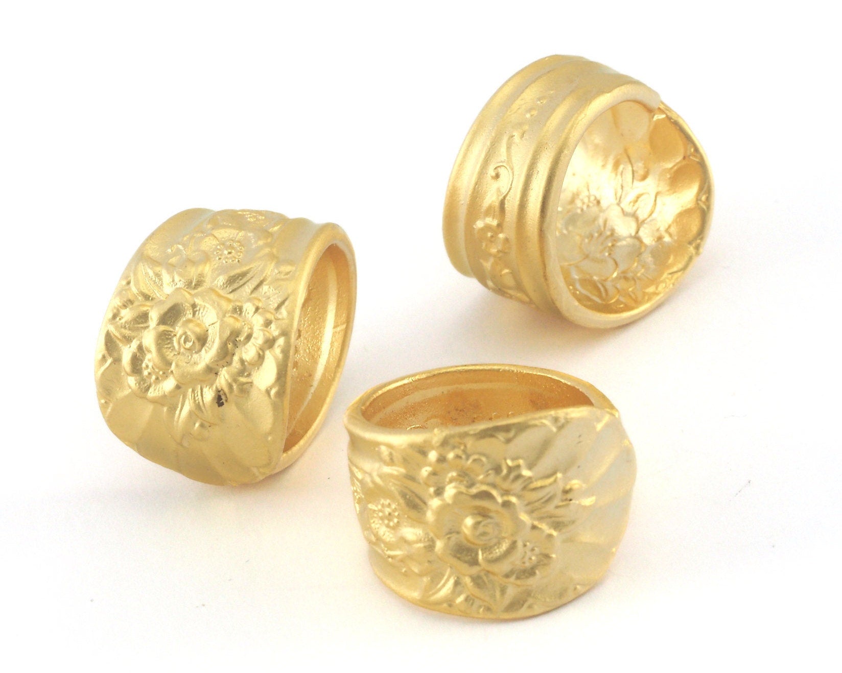 Spoon Ring Flower Patterned Adjustable Ring Matte Gold Plated Brass (17.5mm 7US inner size) OZ759