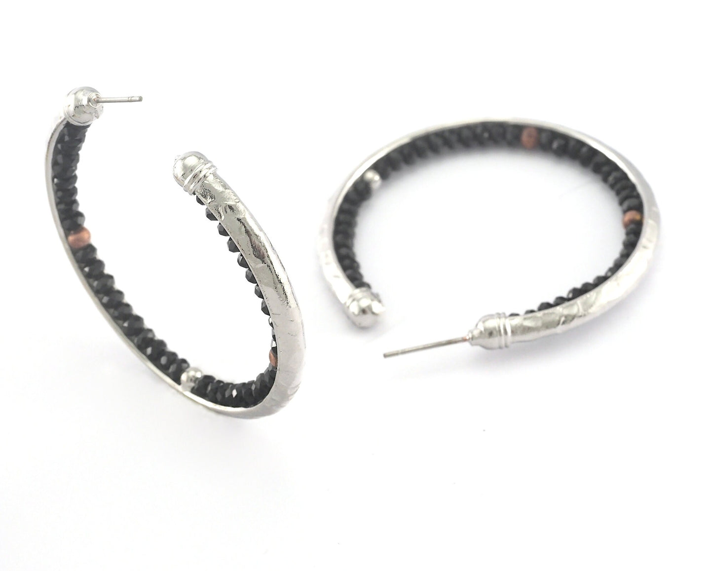 Round Earring Stud post with black beads 1 Pair 50mm Silver plated brass 2434