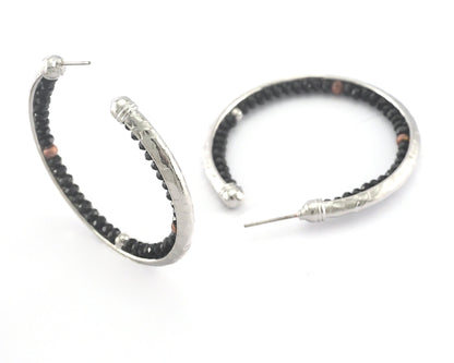 Round Earring Stud post with black beads 1 Pair 50mm Silver plated brass 2434