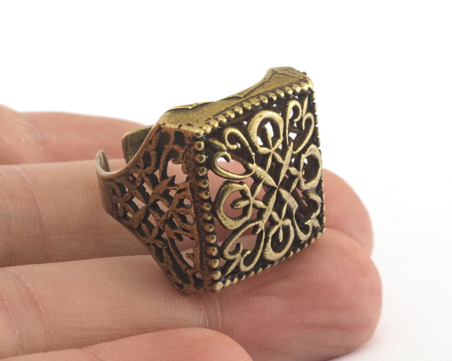 Filigree Square Ring Adjustable Antique Bronze Plated Brass 1 Pc. (18.5mm 8.5US inner size) OZ2560 22mm