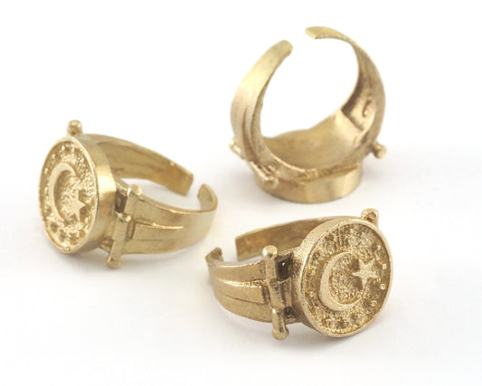 Signet Ring Crescent Star Adjustable Raw brass OZ3997