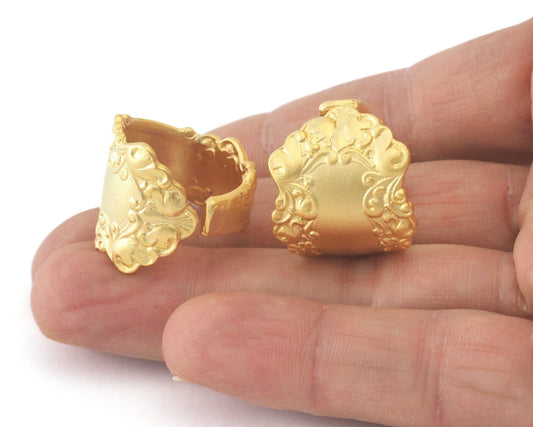 Spoon Ring Flower Patterned Adjustable Ring Matte Gold Plated brass (18mm 8US inner size) OZ3901