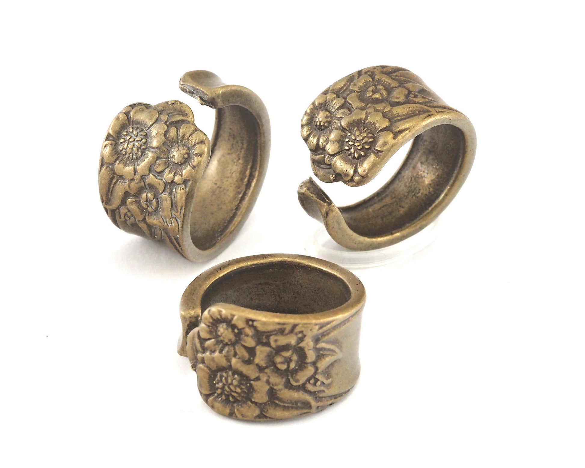 Spoon Ring Flower Patterned Adjustable Ring Antique Bronze Plated Brass (18mm 8US inner size) OZ2543