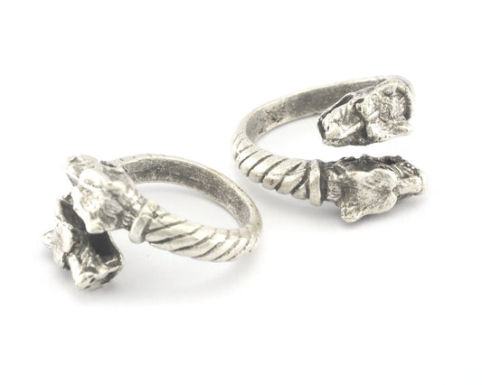 Dog Pitbull Head Ring Adjustable Ring Antique Silver Plated Brass OZ4015