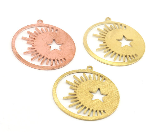 Round Star Crescent Sun Charms Tag Raw Brass - Brushed Brass - Copper 30mm 0.8 mm 1 hole Findings 4067-305