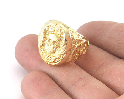 Signet Ring Skull Adjustable Ring Shiny Gold Plated Brass (18mm 8US inner size) OZ2695