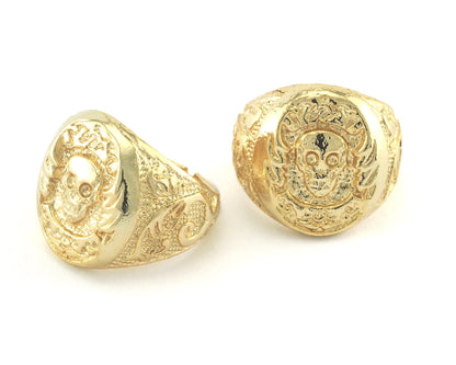 Signet Ring Skull Adjustable Ring Shiny Gold Plated Brass (18mm 8US inner size) OZ2695