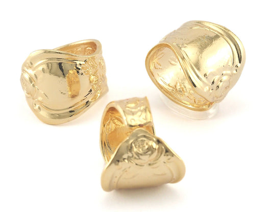 Spoon Ring Flower Patterned Adjustable Ring Shiny Gold Plated brass (18mm 7.5US inner size) OZ3383