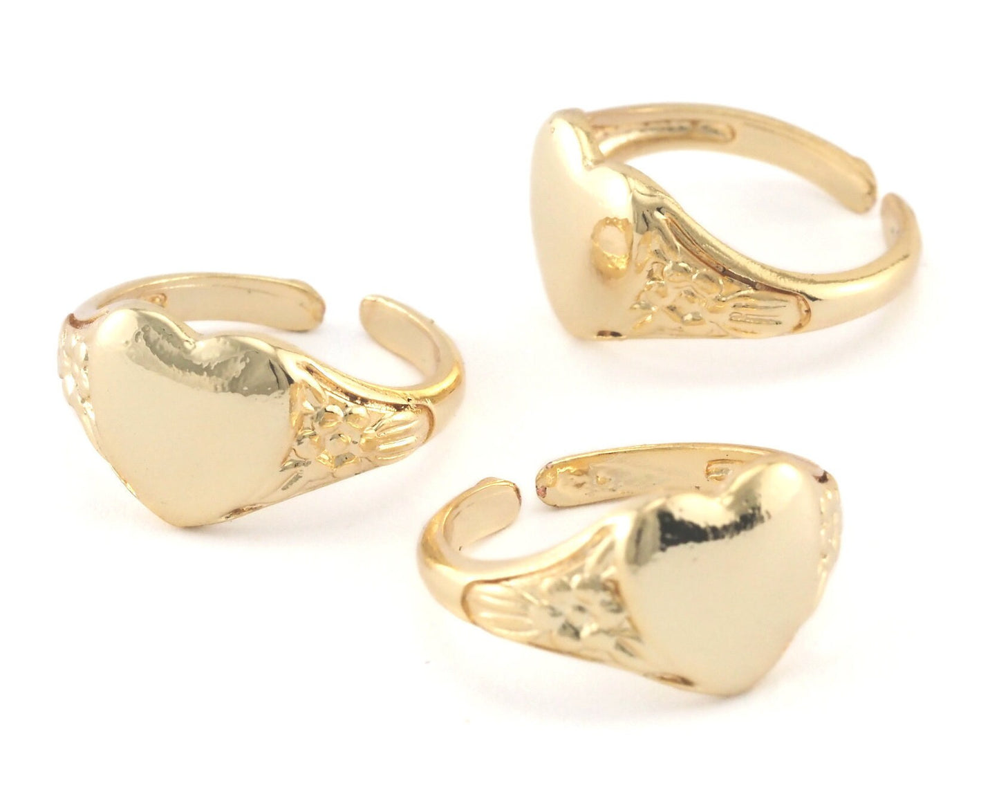 Heart Signet Ring Adjustable Blank Shiny Gold Plated brass (5US - 7US inner size - Adjustable ) OZ4032 10x10mm blank