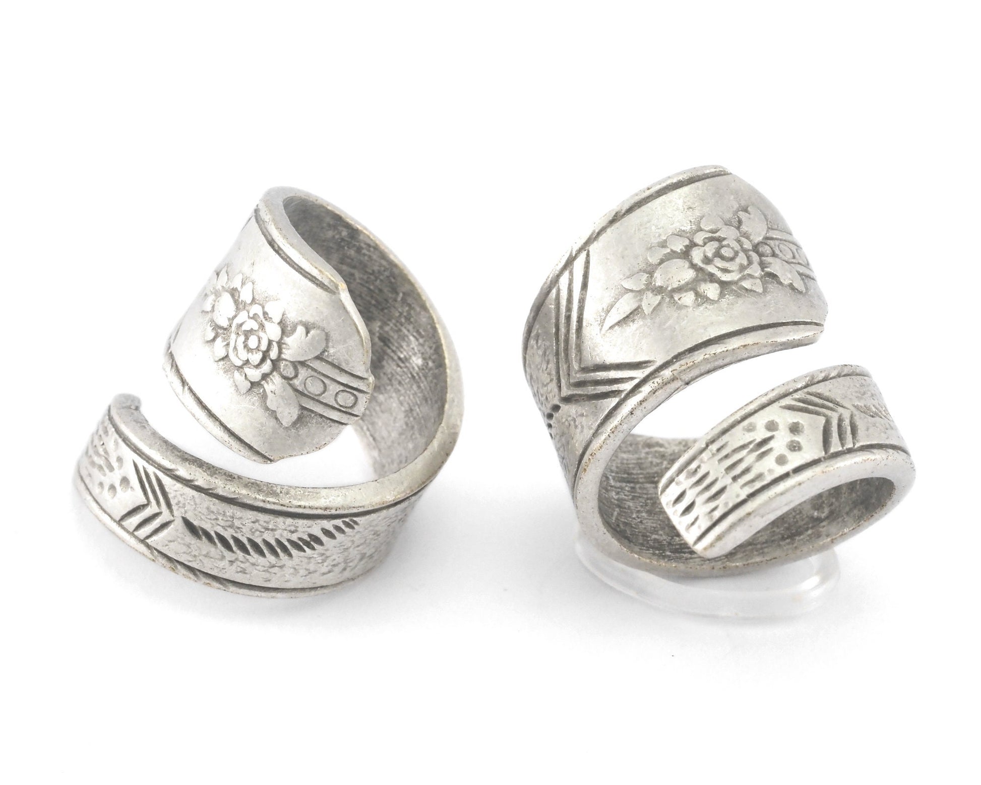 Spoon Ring Wrap Flower Patterned Adjustable Antique Silver Plated Brass (17.5mm 7US inner size) 4063