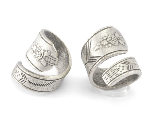 Spoon Ring Wrap Flower Patterned Adjustable Antique Silver Plated Brass (17.5mm 7US inner size) 4063