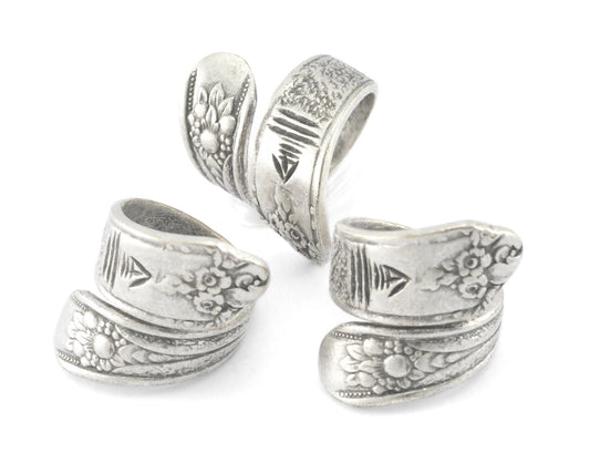 Spoon Ring Wrap Flower Patterned Adjustable Antique Silver Plated Brass (17.5mm 7US inner size) 4071
