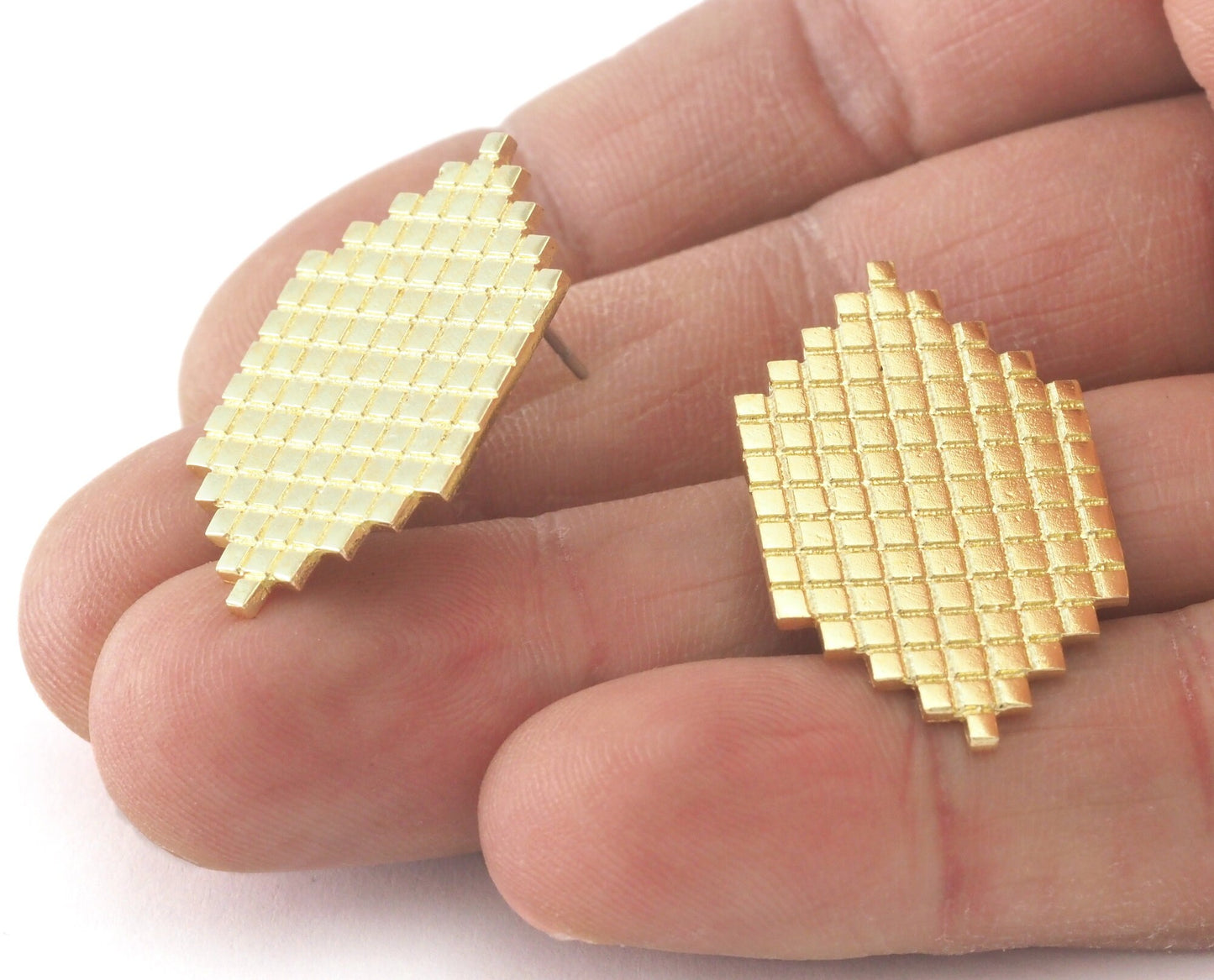 Elongated Hexagon Earring Stud Posts, Square Texturing Raw brass , 32mm 4107