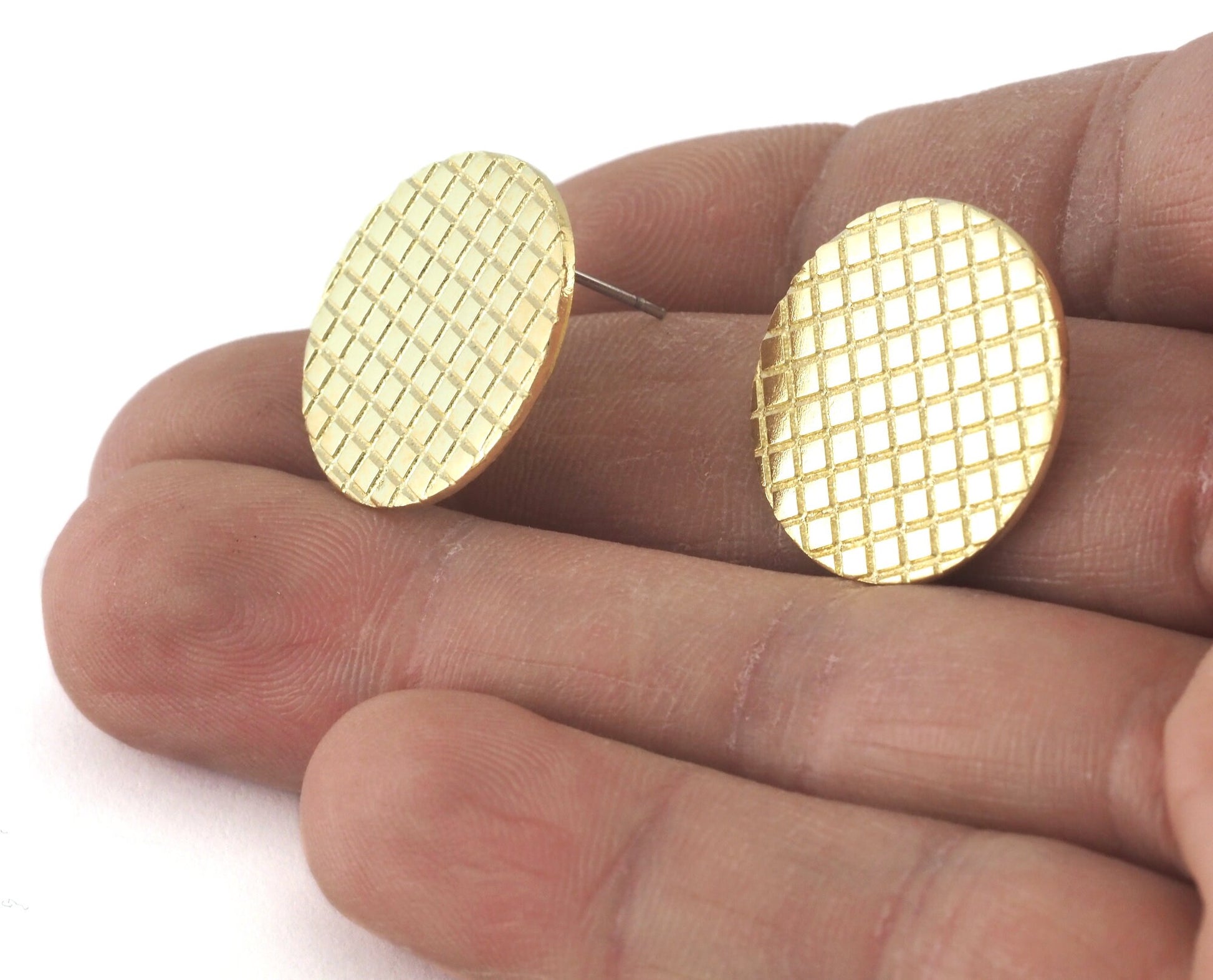 Checker Round Earring Stud Posts, Square Texturing Raw brass , 21mm 4109