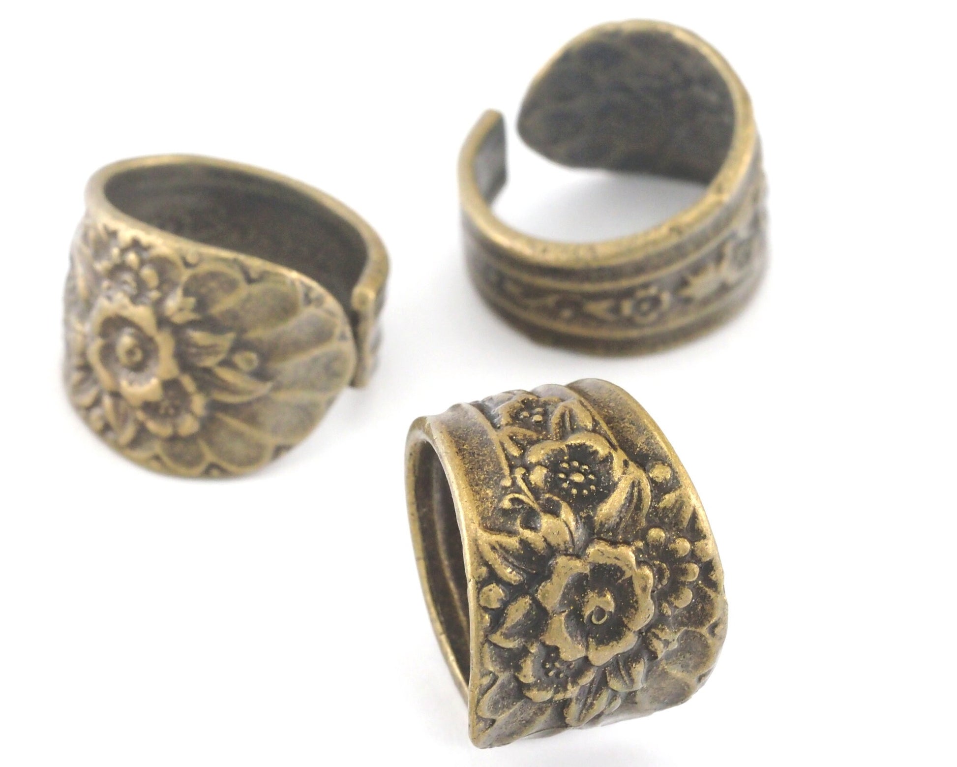 Spoon Ring Flower Patterned Adjustable Ring Antique Bronze Plated Brass (17.5mm 7US inner size) OZ759