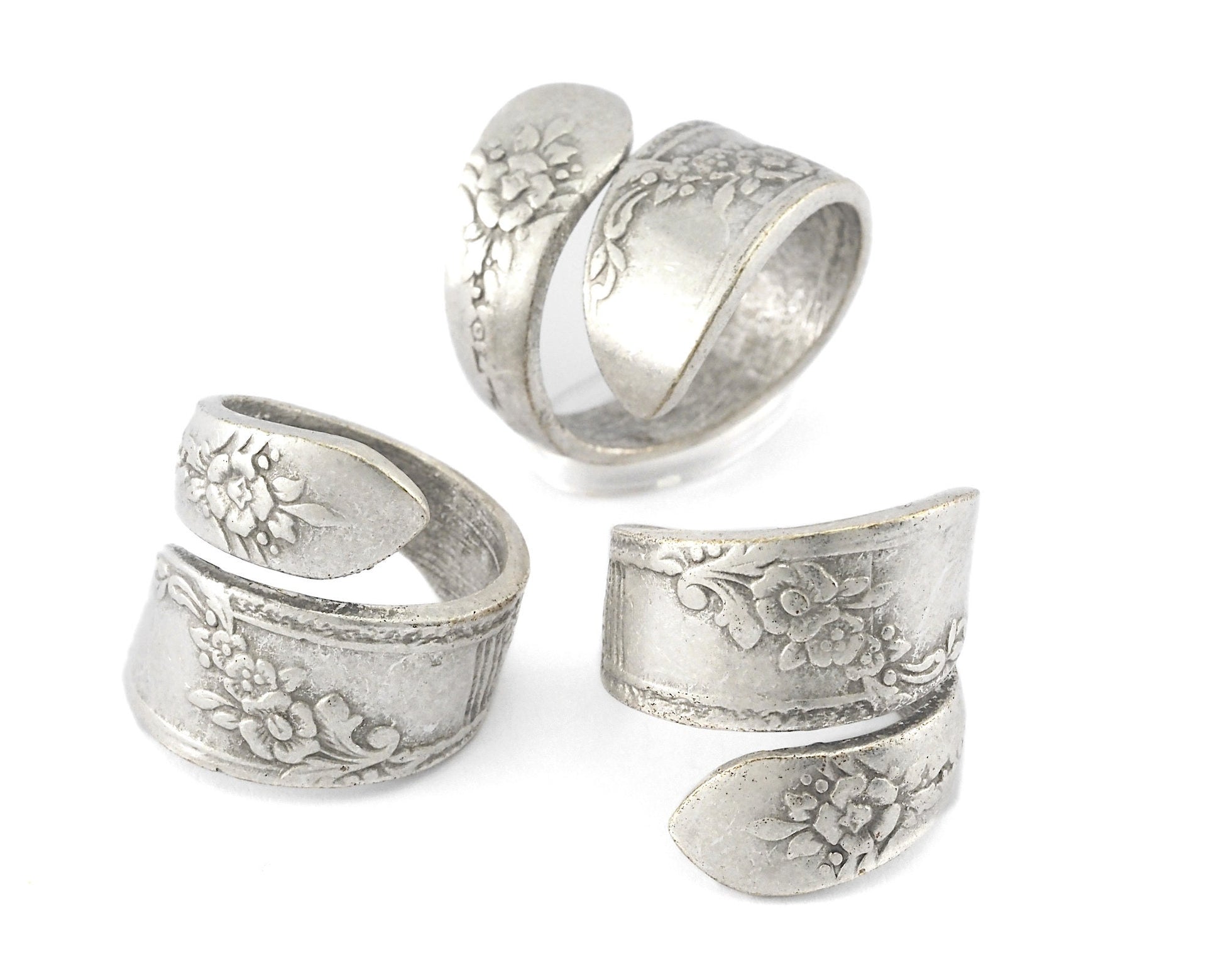Spoon Wrap Ring Adjustable Flower Patterned Antique Silver Plated Brass (17.5mm 7US inner size) 4061