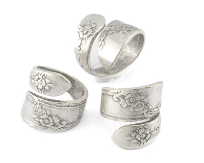 Spoon Wrap Ring Adjustable Flower Patterned Antique Silver Plated Brass (17.5mm 7US inner size) 4061