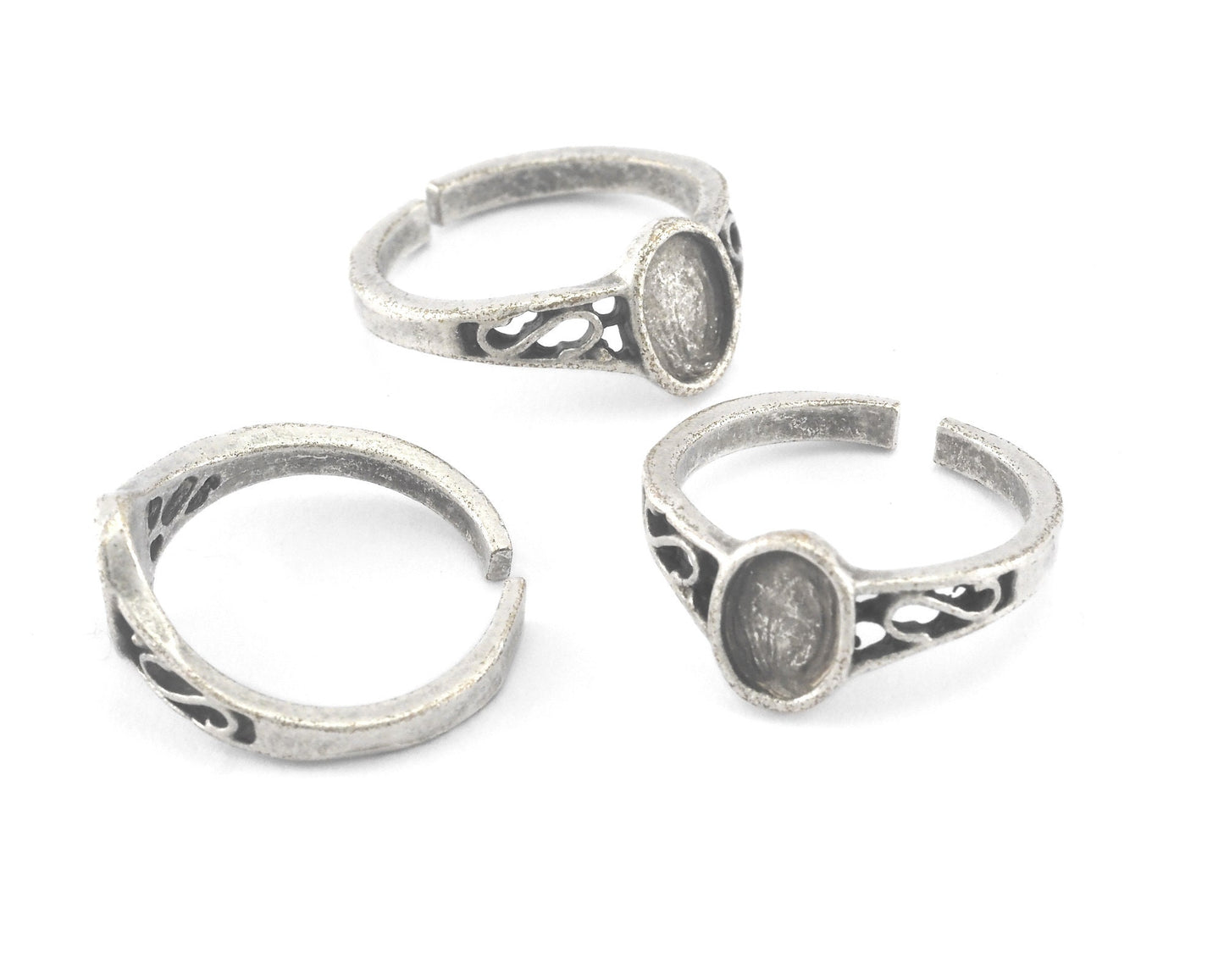 Ring Adjustable Antique Silver Plated Brass with 5x7mm base setting 5-7US 2235